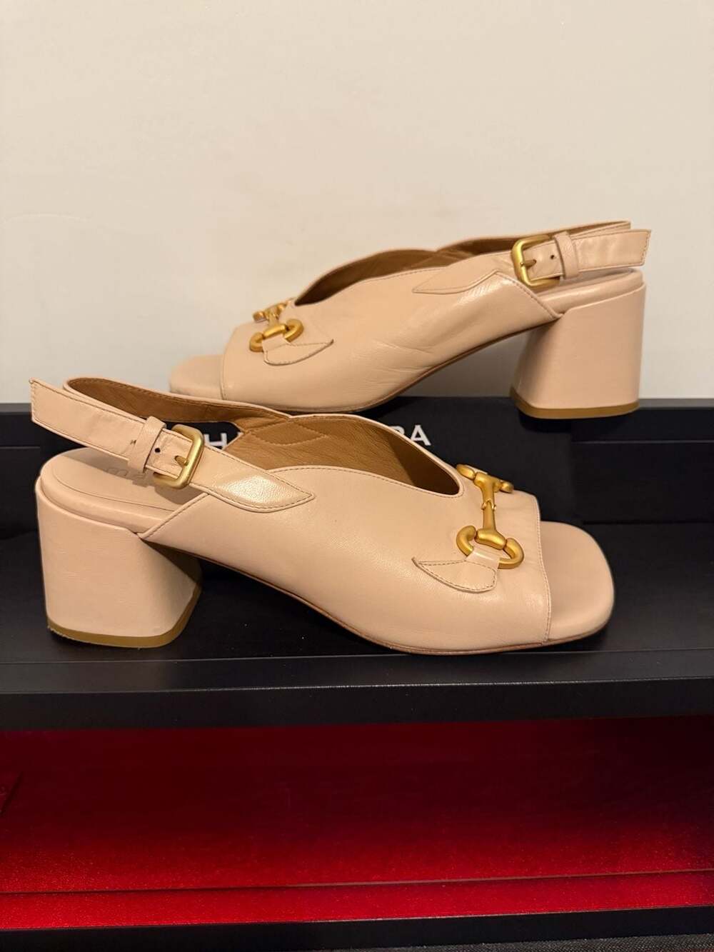 Mara Bini Italian Beige Leather Horsebit Slingback Block Heels Sandals
